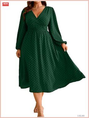 Plus Size Fall Wedding Guest Maxi Dress Swiss Dot V Neck Long Sleeve